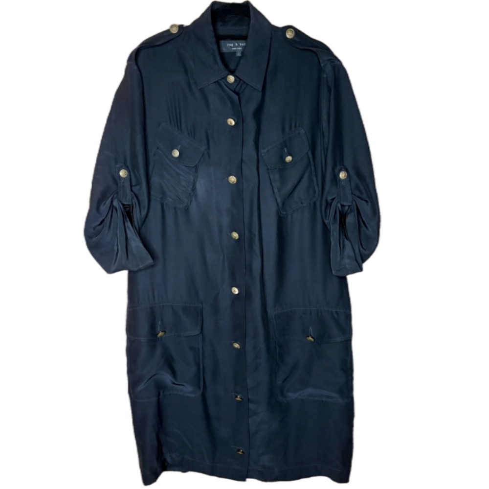 Rag & Bone 100% Silk Long Sleeve Shirt Dress with Gold Buttons Size 4